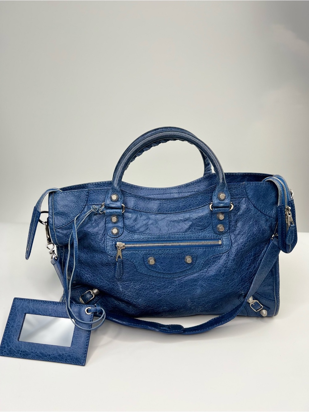 Auth Balenciaga City Bag Classic medium COA Blue Leather motorcycle 12 silver